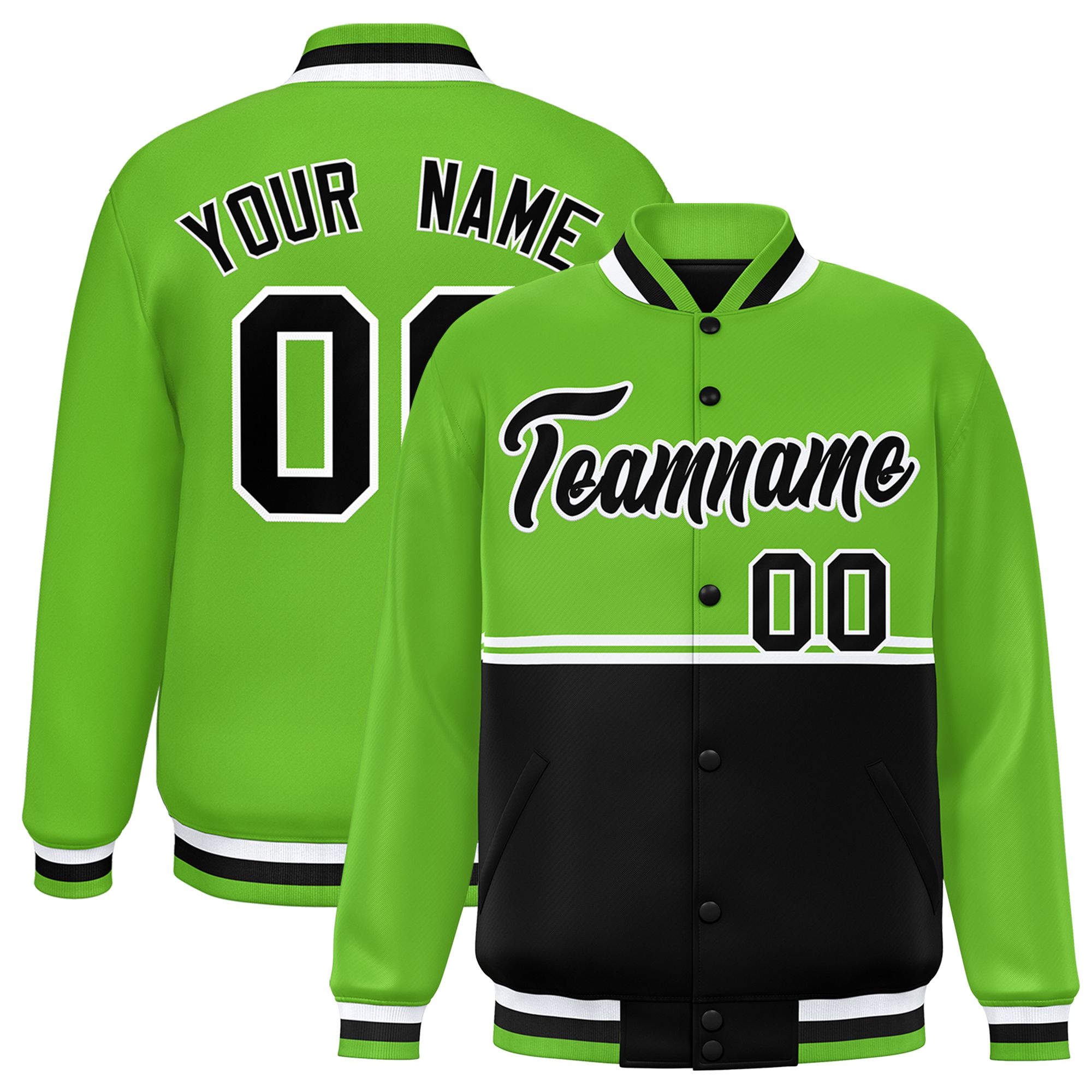 Custom Green Black Varsity Full-Snap Color Block Letterman Jacket