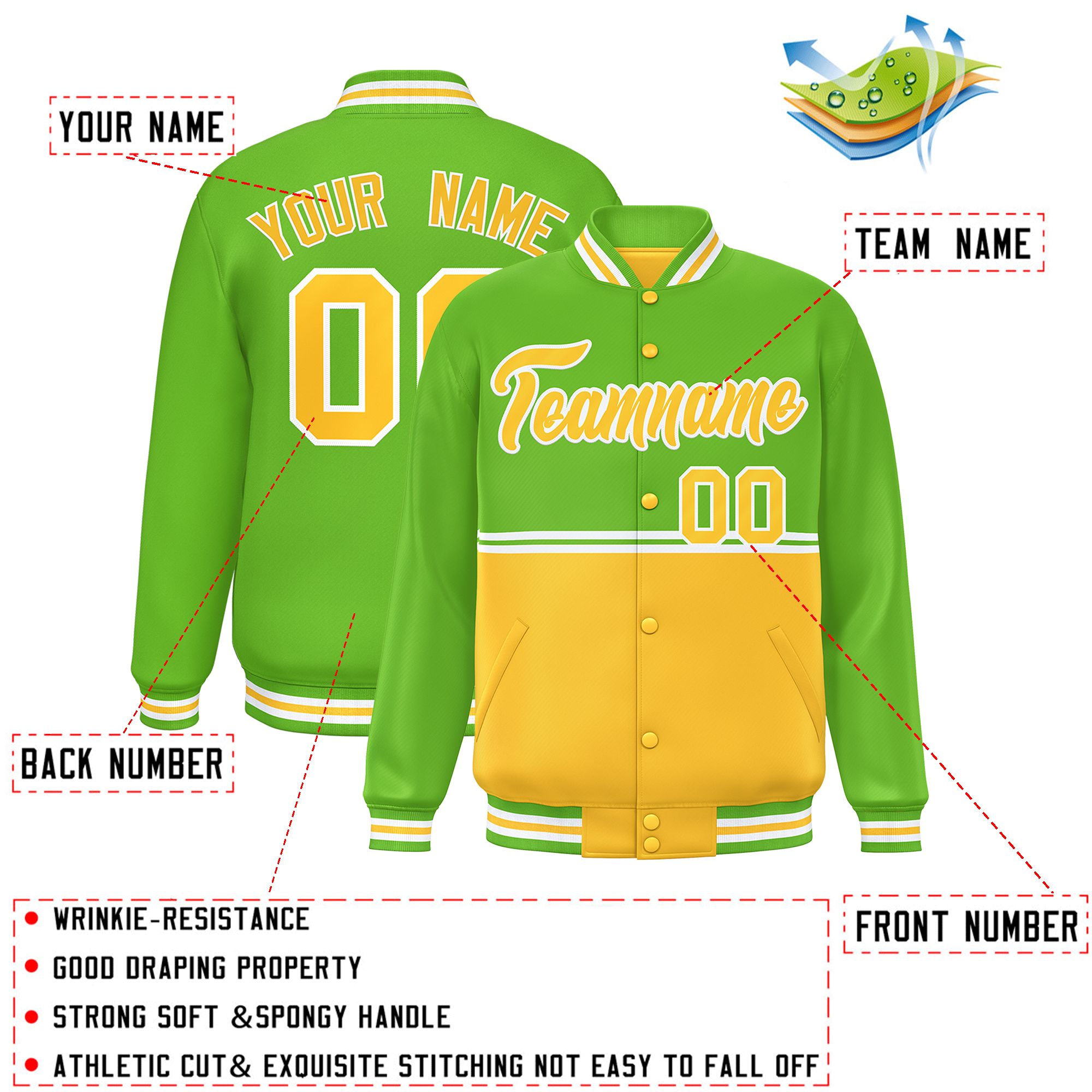 Custom Green Gold Varsity Full-Snap Color Block Letterman Jacket