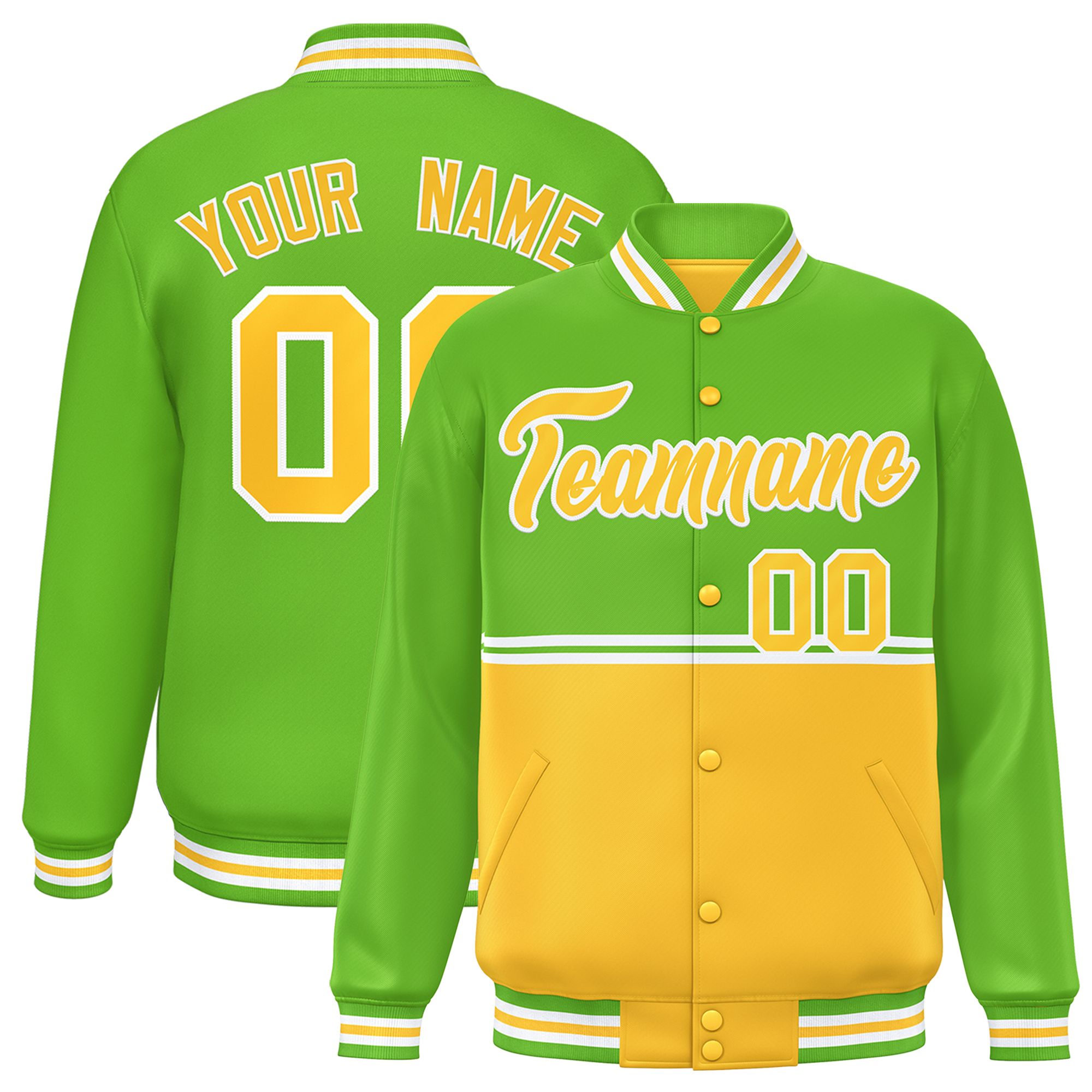 Custom Green Gold Varsity Full-Snap Color Block Letterman Jacket