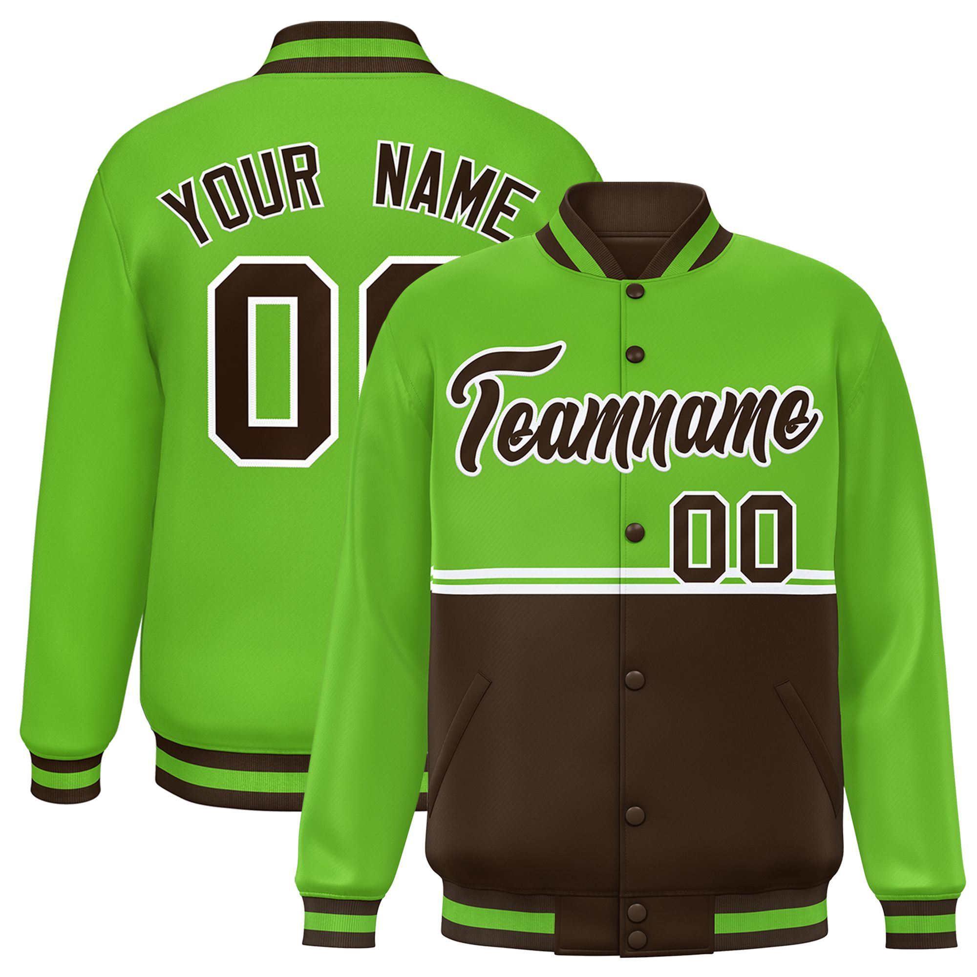 Custom Green Brown Varsity Full-Snap Color Block Letterman Jacket