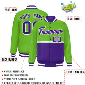 Custom Green Purple Varsity Full-Snap Color Block Letterman Jacket