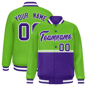 Custom Green Purple Varsity Full-Snap Color Block Letterman Jacket