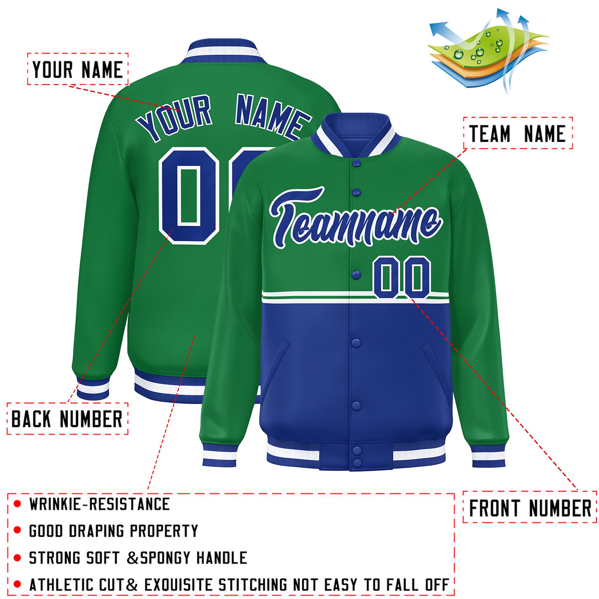 Custom Kelly Green Royal Varsity Full-Snap Color Block Letterman Jacket