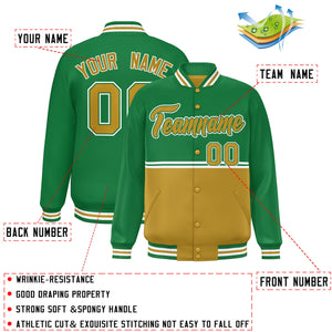 Custom Kelly Green Old Gold Varsity Full-Snap Color Block Letterman Jacket