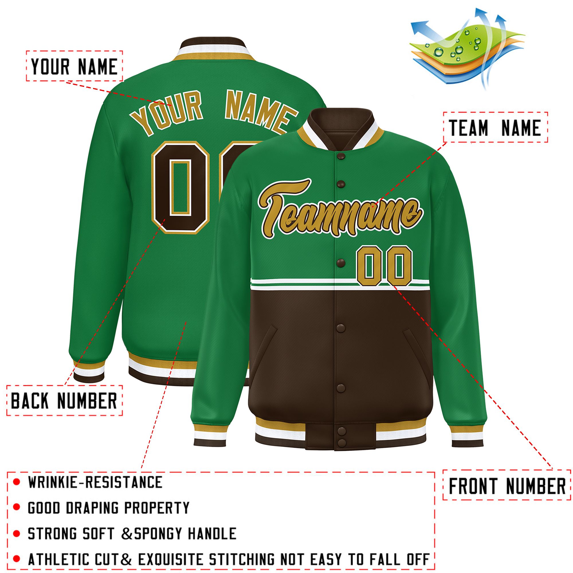 Custom Kelly Green Brown Varsity Full-Snap Color Block Letterman Jacket