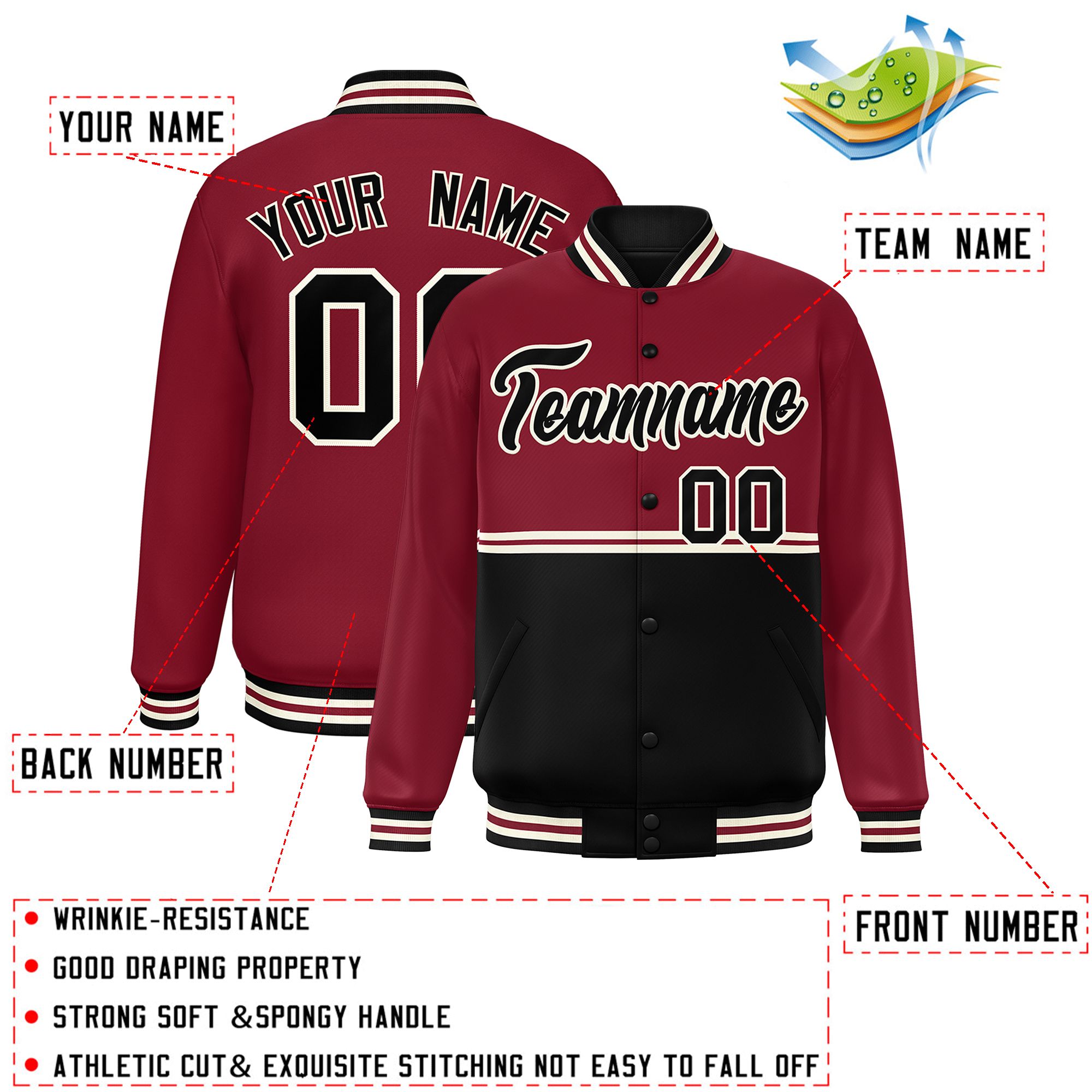 Custom Crimson Black Varsity Full-Snap Color Block Letterman Jacket