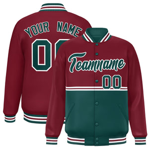 Custom Crimson Midnight Green Varsity Full-Snap Color Block Letterman Jacket