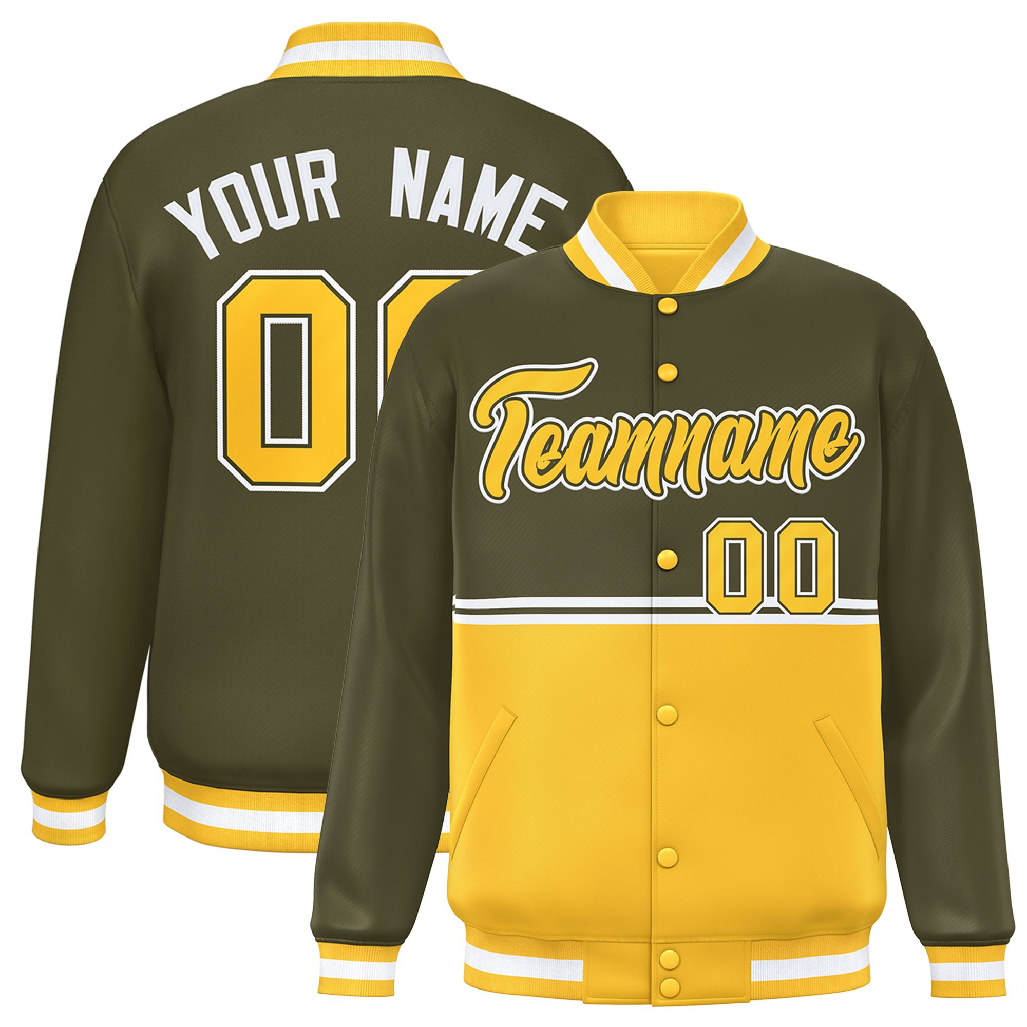 Custom Olive Gold Varsity Full-Snap Color Block Letterman Jacket