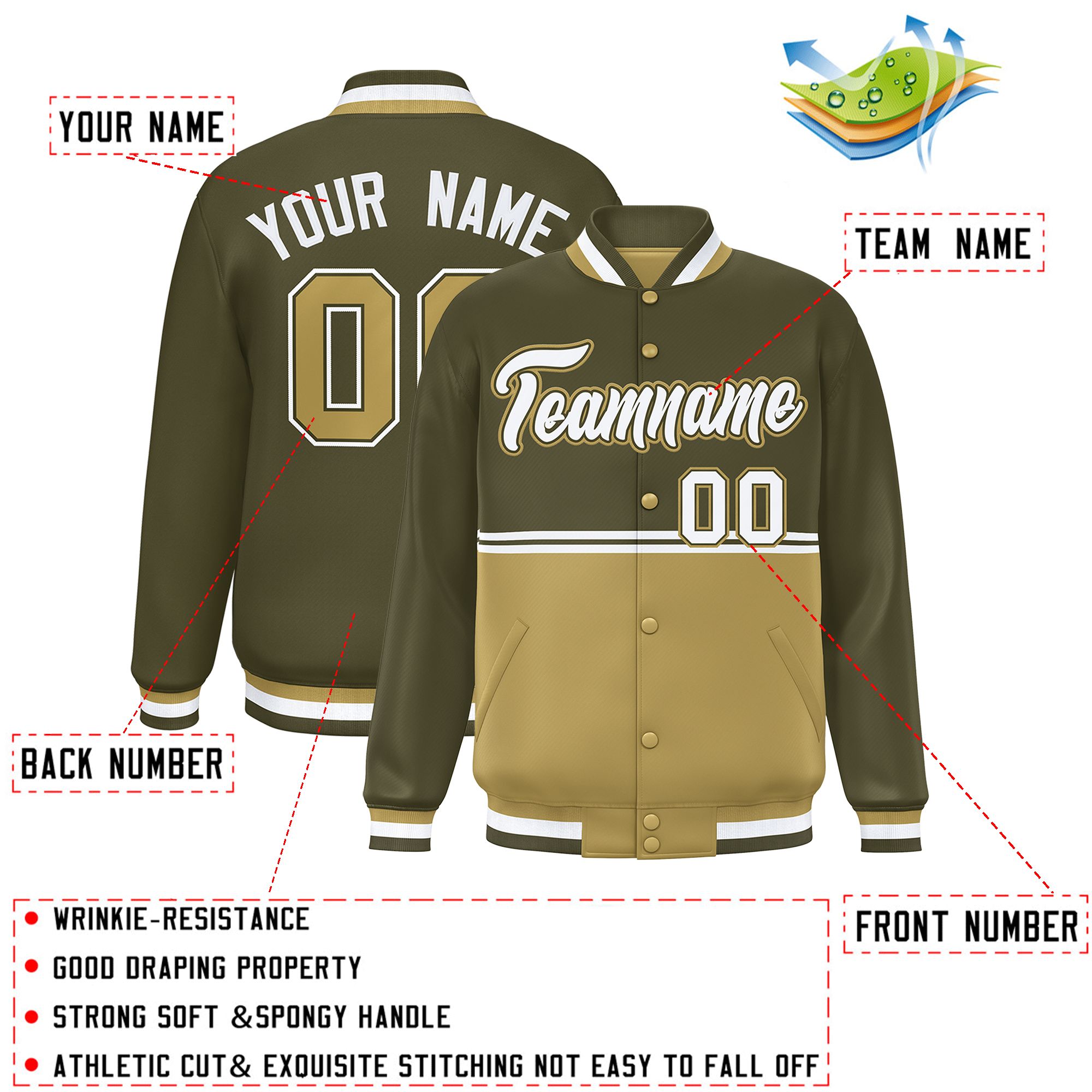 Custom Olive Desert Yellow Varsity Full-Snap Color Block Letterman Jacket