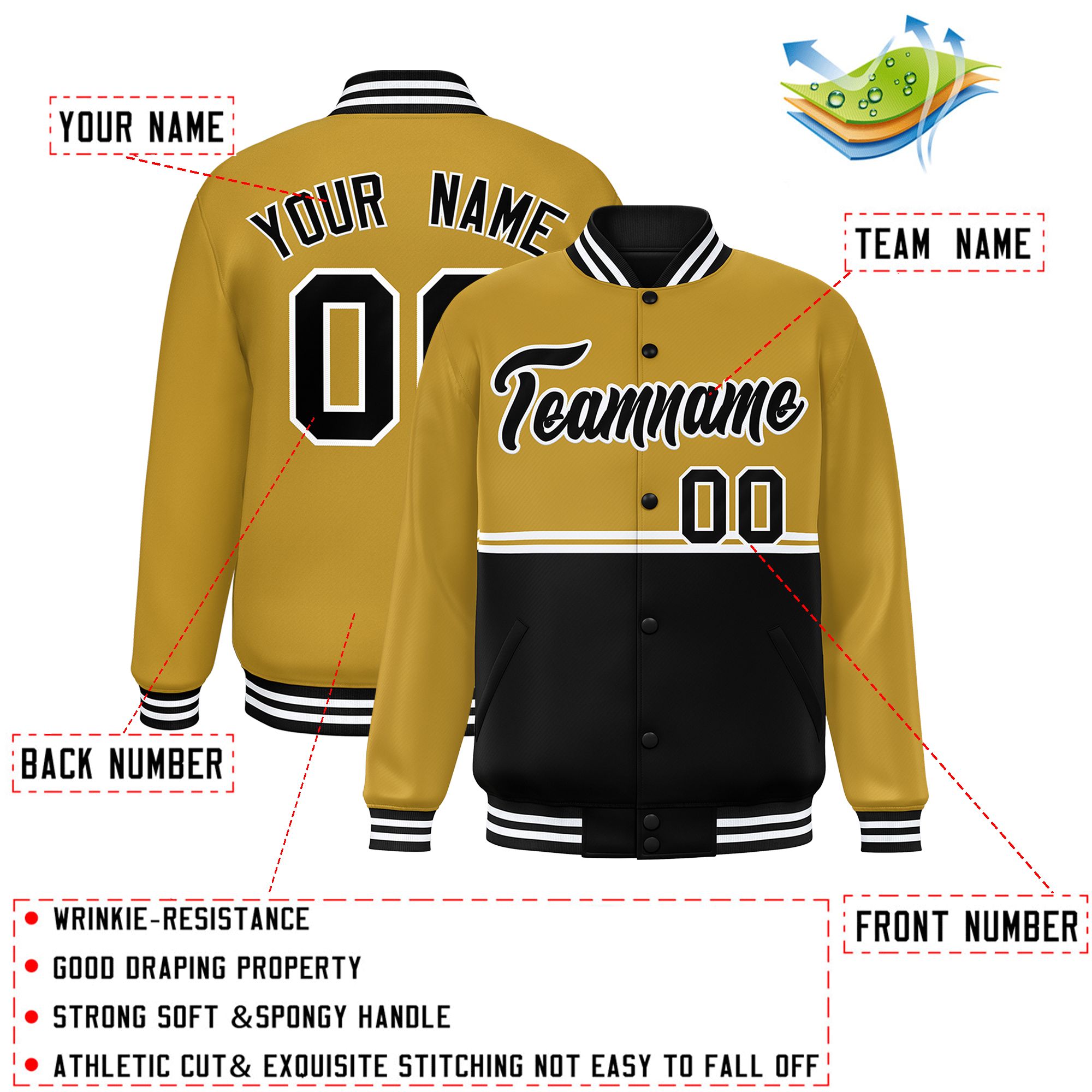 Custom Old Gold Black Varsity Full-Snap Color Block Letterman Jacket