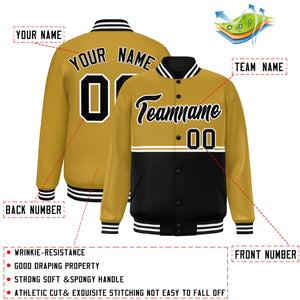 Custom Old Gold Black Varsity Full-Snap Color Block Letterman Jacket