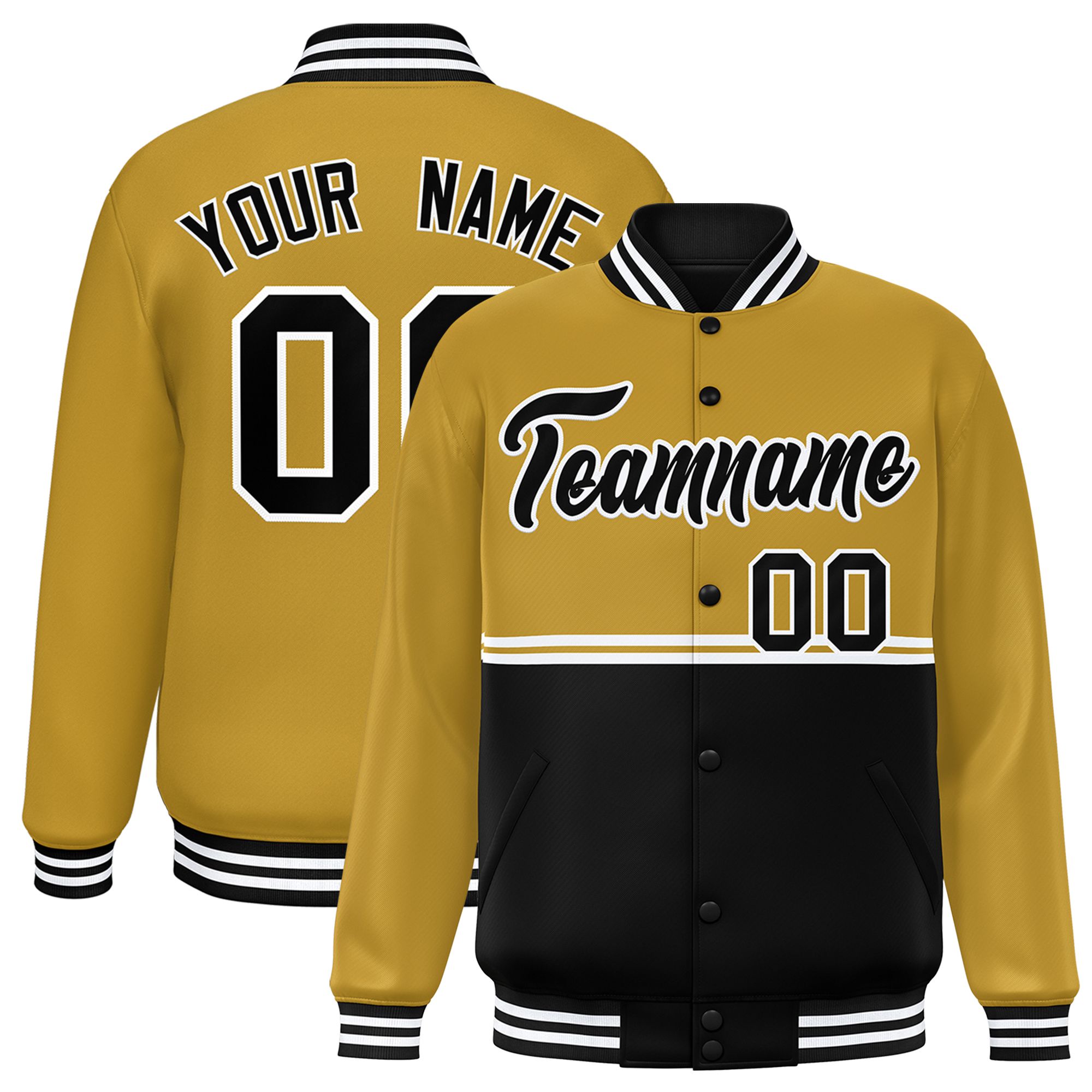 Custom Old Gold Black Varsity Full-Snap Color Block Letterman Jacket