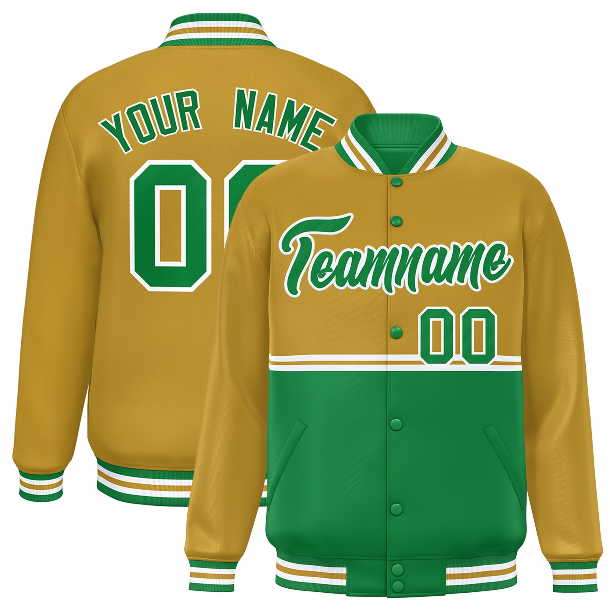 Custom Old Gold Kelly Green Varsity Full-Snap Color Block Letterman Jacket