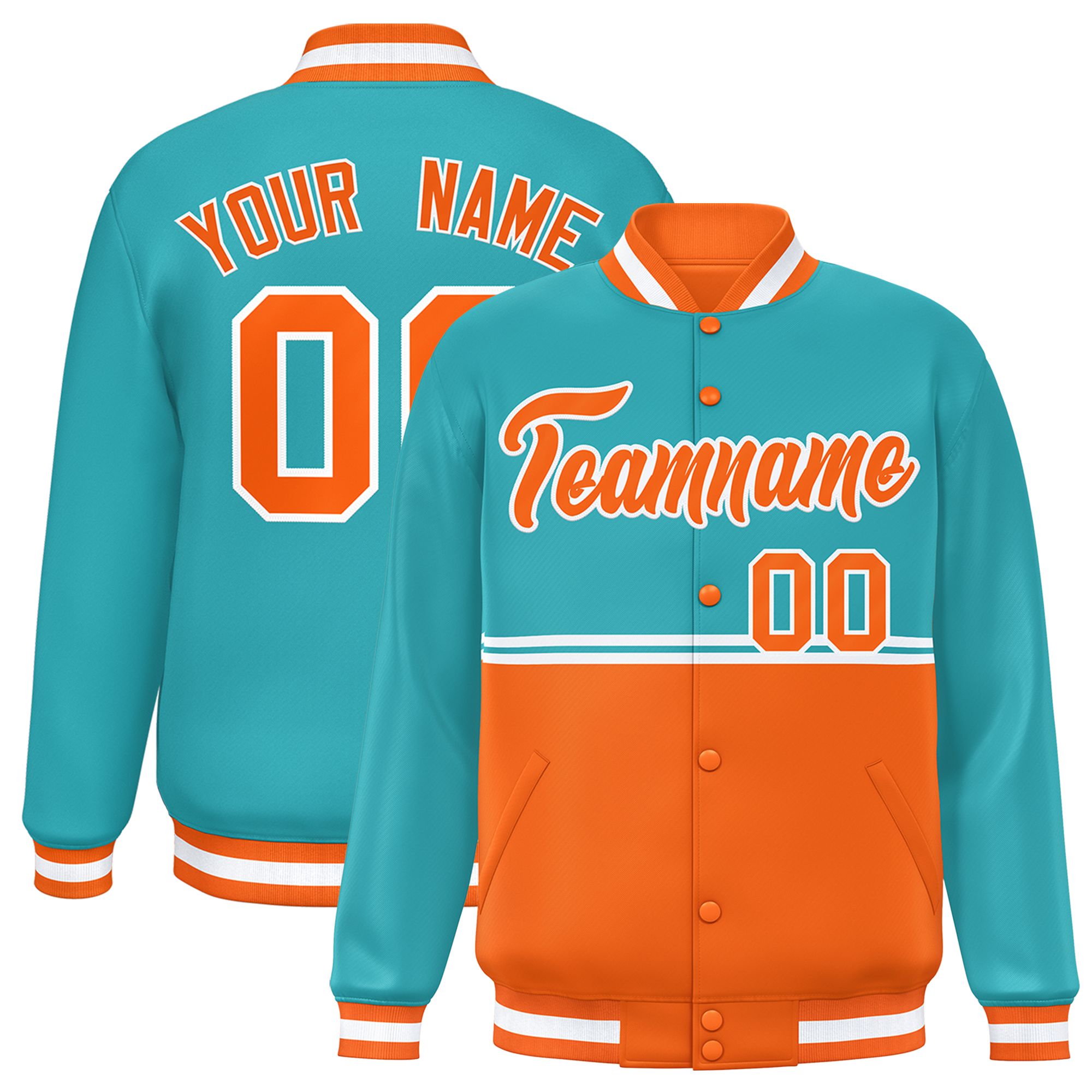 Custom Aqua Orange Varsity Full-Snap Color Block Letterman Jacket