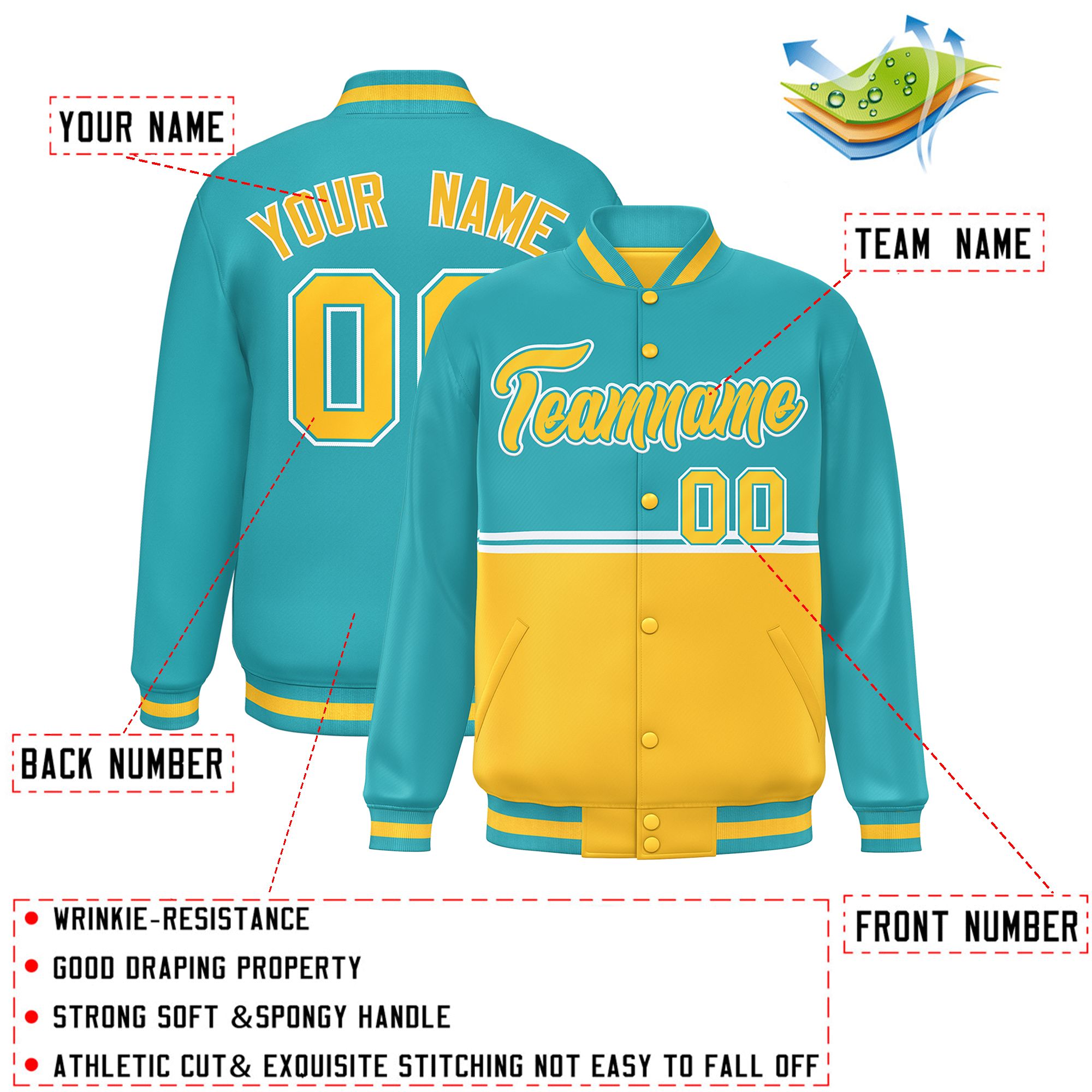 Custom Aqua Gold Varsity Full-Snap Color Block Letterman Jacket