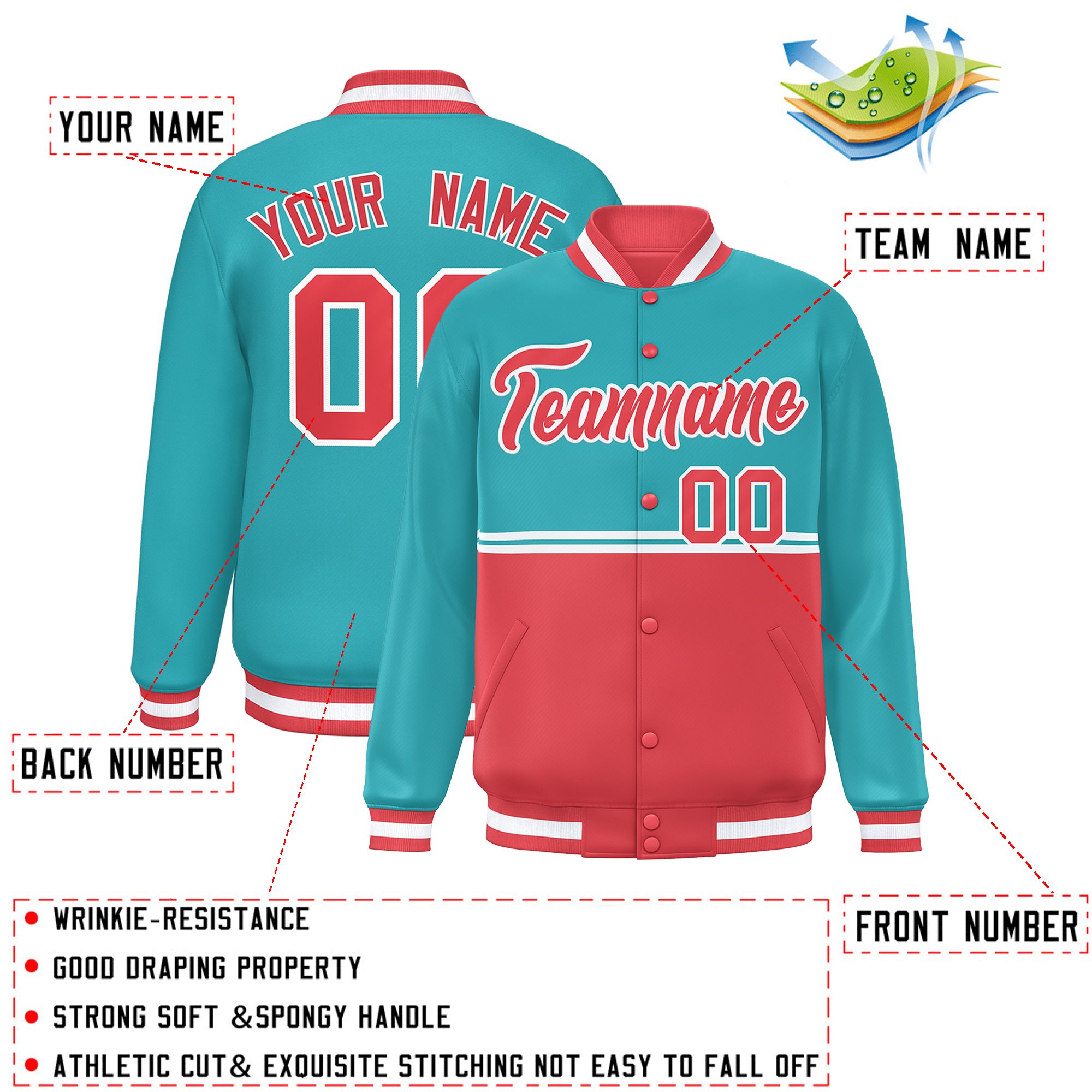 Custom Aqua Light Red Varsity Full-Snap Color Block Letterman Jacket