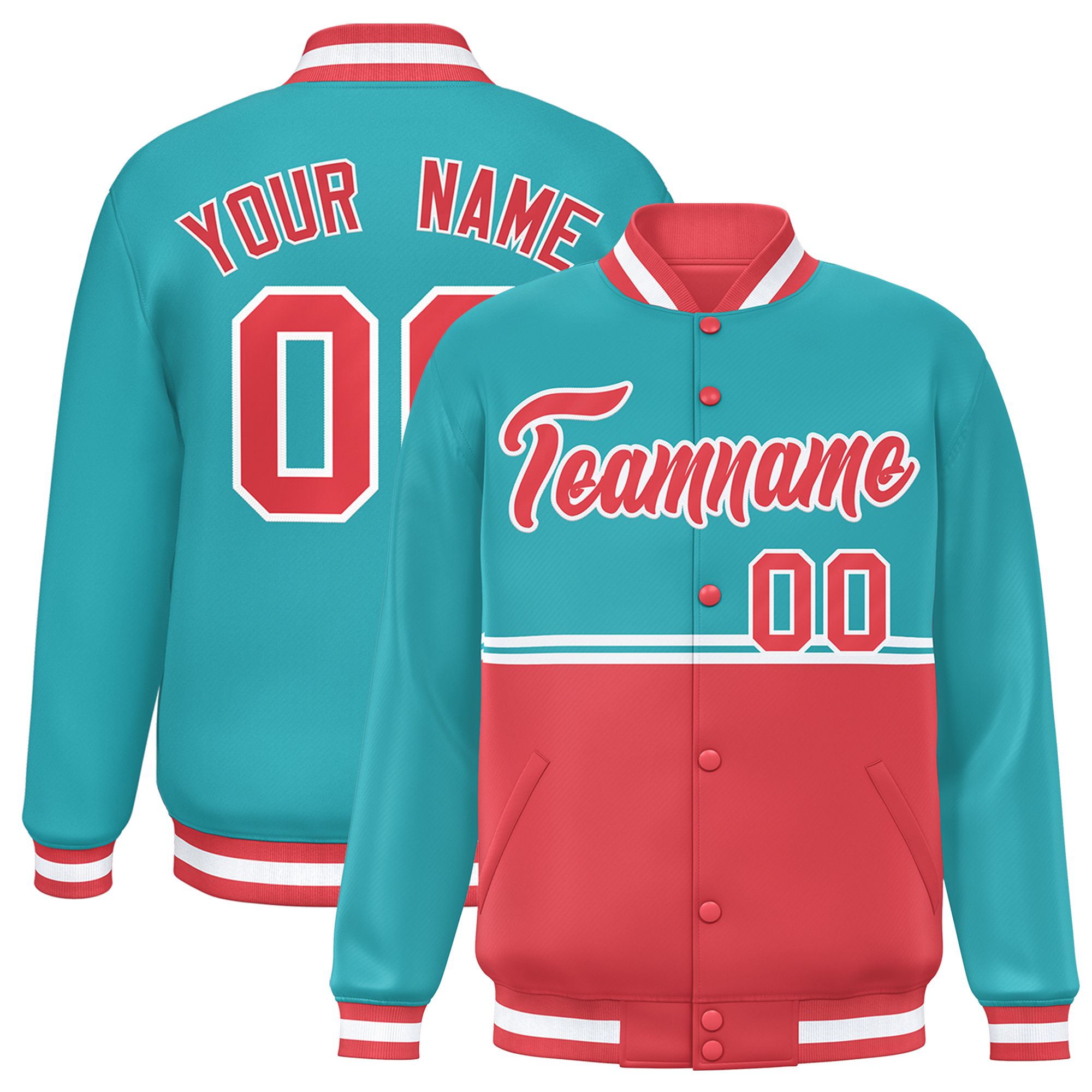 Custom Aqua Light Red Varsity Full-Snap Color Block Letterman Jacket