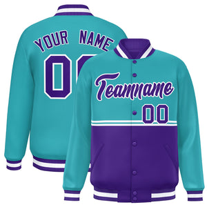 Custom Aqua Purple Varsity Full-Snap Color Block Letterman Jacket