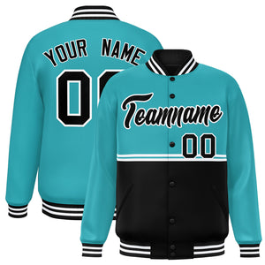 Custom Aqua Black Varsity Full-Snap Color Block Letterman Jacket