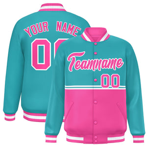 Custom Aqua Pink Varsity Full-Snap Color Block Letterman Jacket