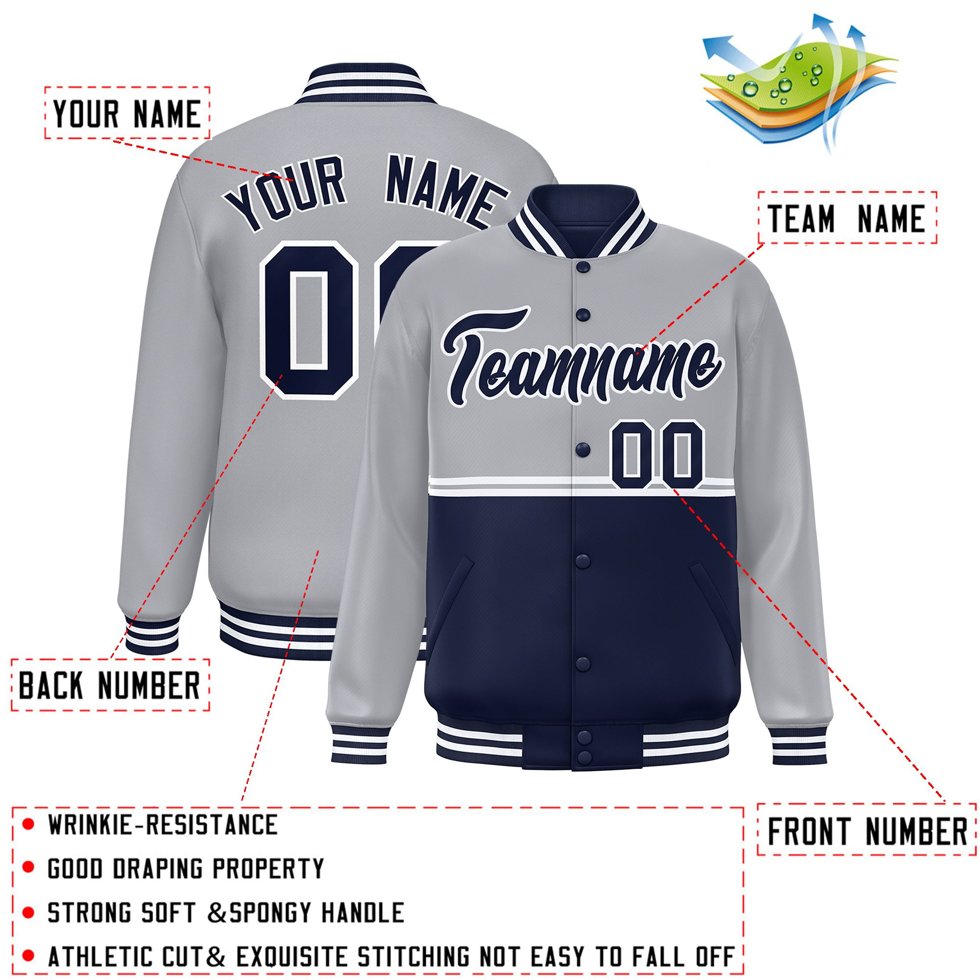 Custom Gray Navy Varsity Full-Snap Color Block Letterman Jacket