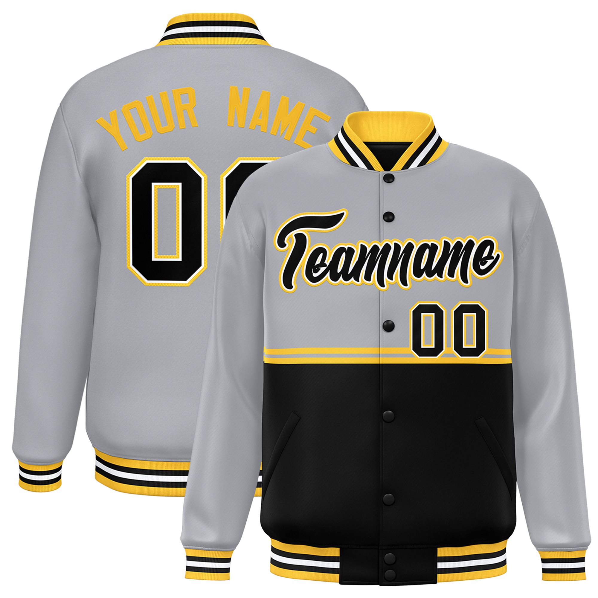 Custom Gray Black Varsity Full-Snap Color Block Letterman Jacket