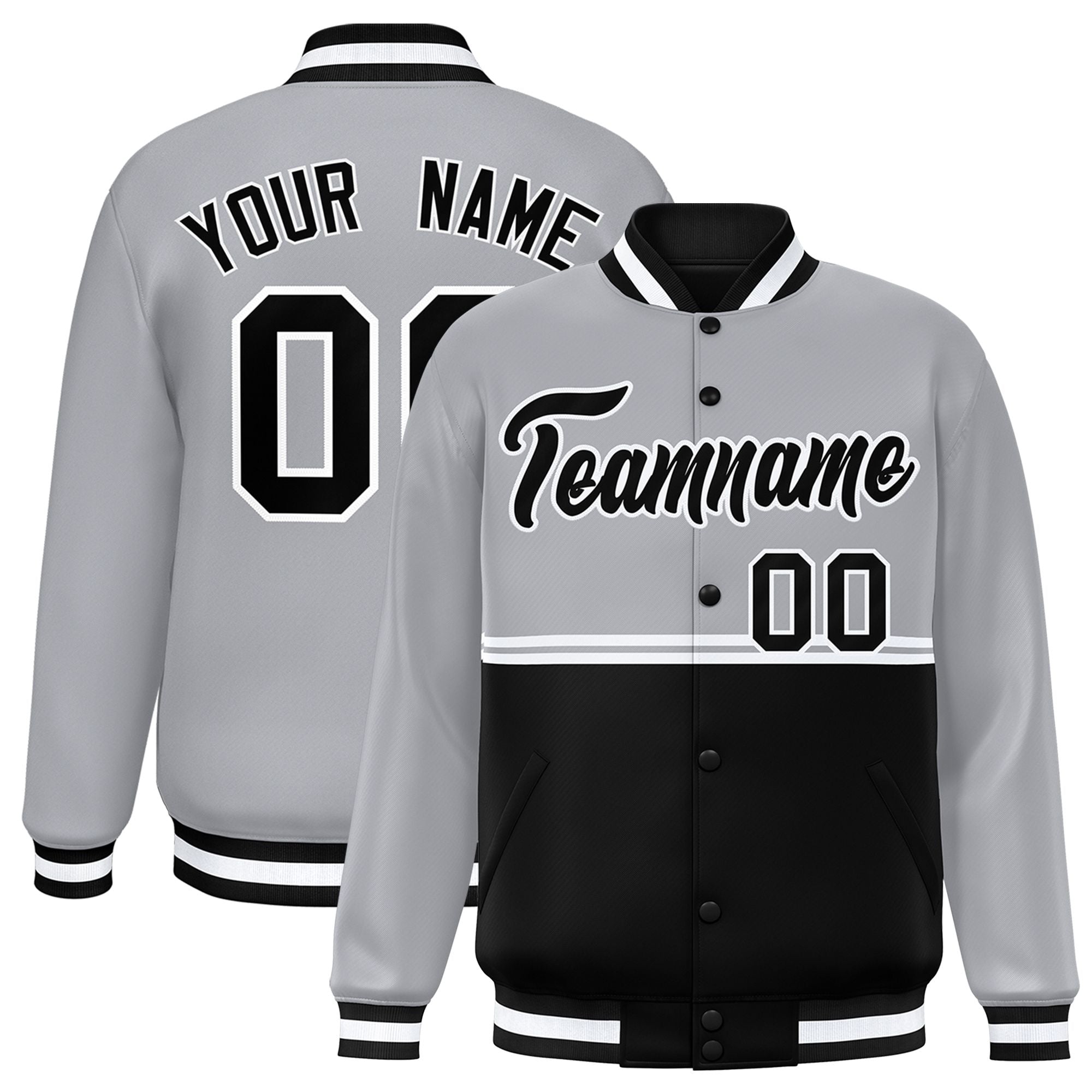 Custom Gray Black Varsity Full-Snap Color Block Letterman Jacket