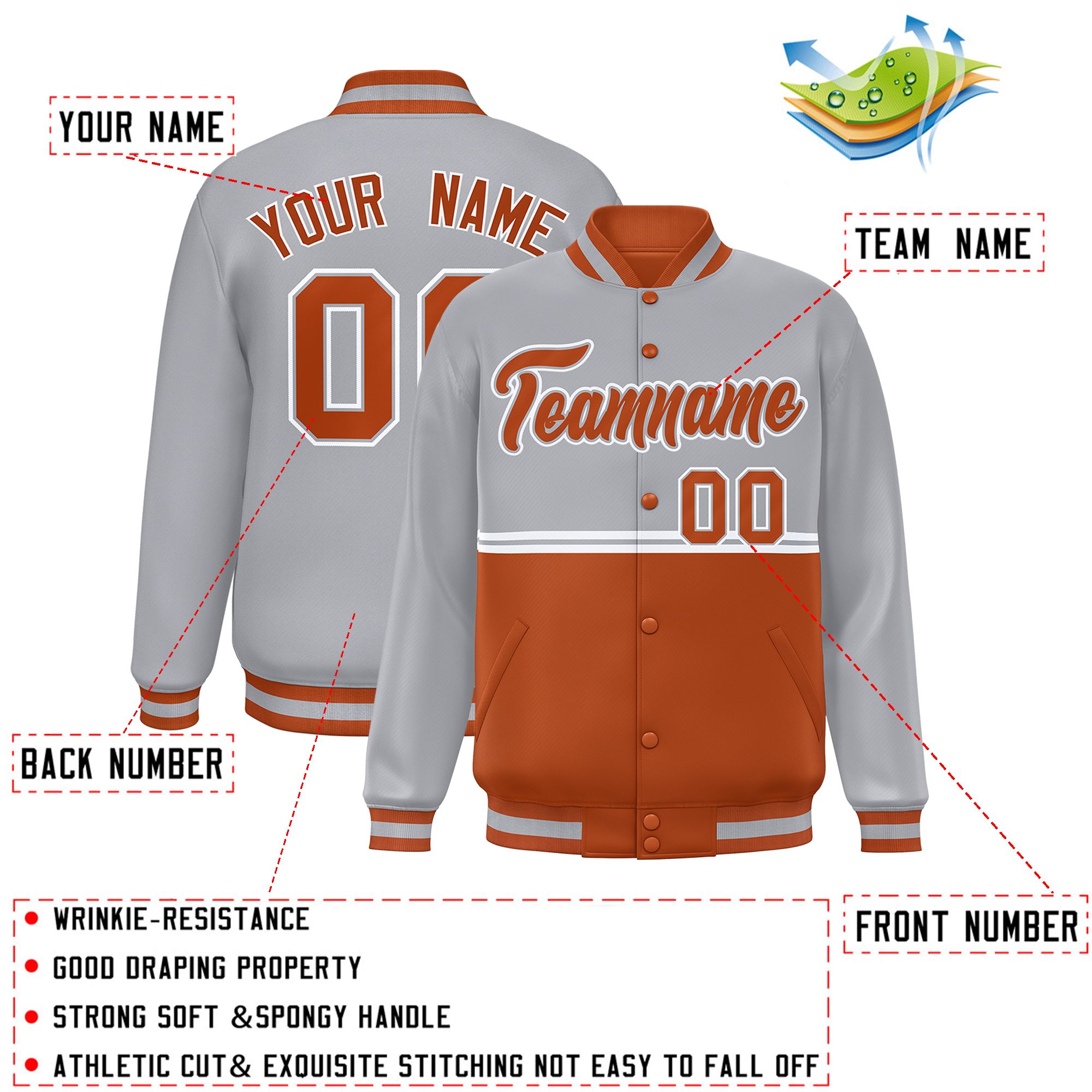 Custom Gray Texas Orange Varsity Full-Snap Color Block Letterman Jacket