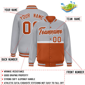 Custom Gray Texas Orange Varsity Full-Snap Color Block Letterman Jacket