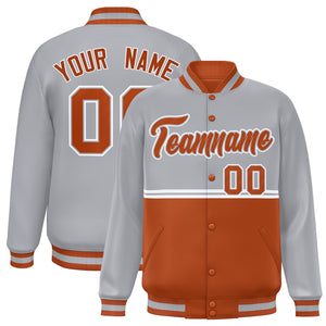 Custom Gray Texas Orange Varsity Full-Snap Color Block Letterman Jacket