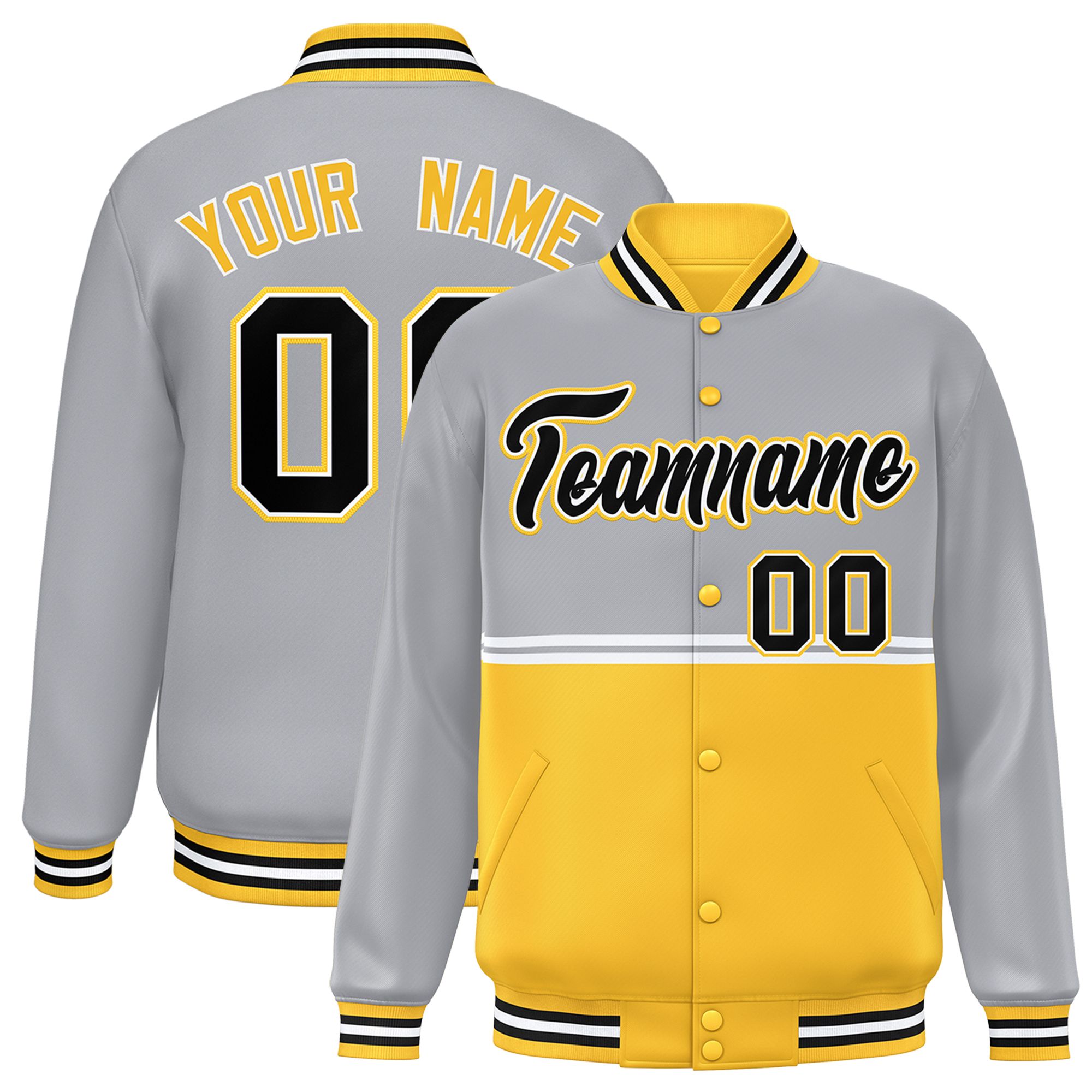 Custom Gray Gold Varsity Full-Snap Color Block Letterman Jacket