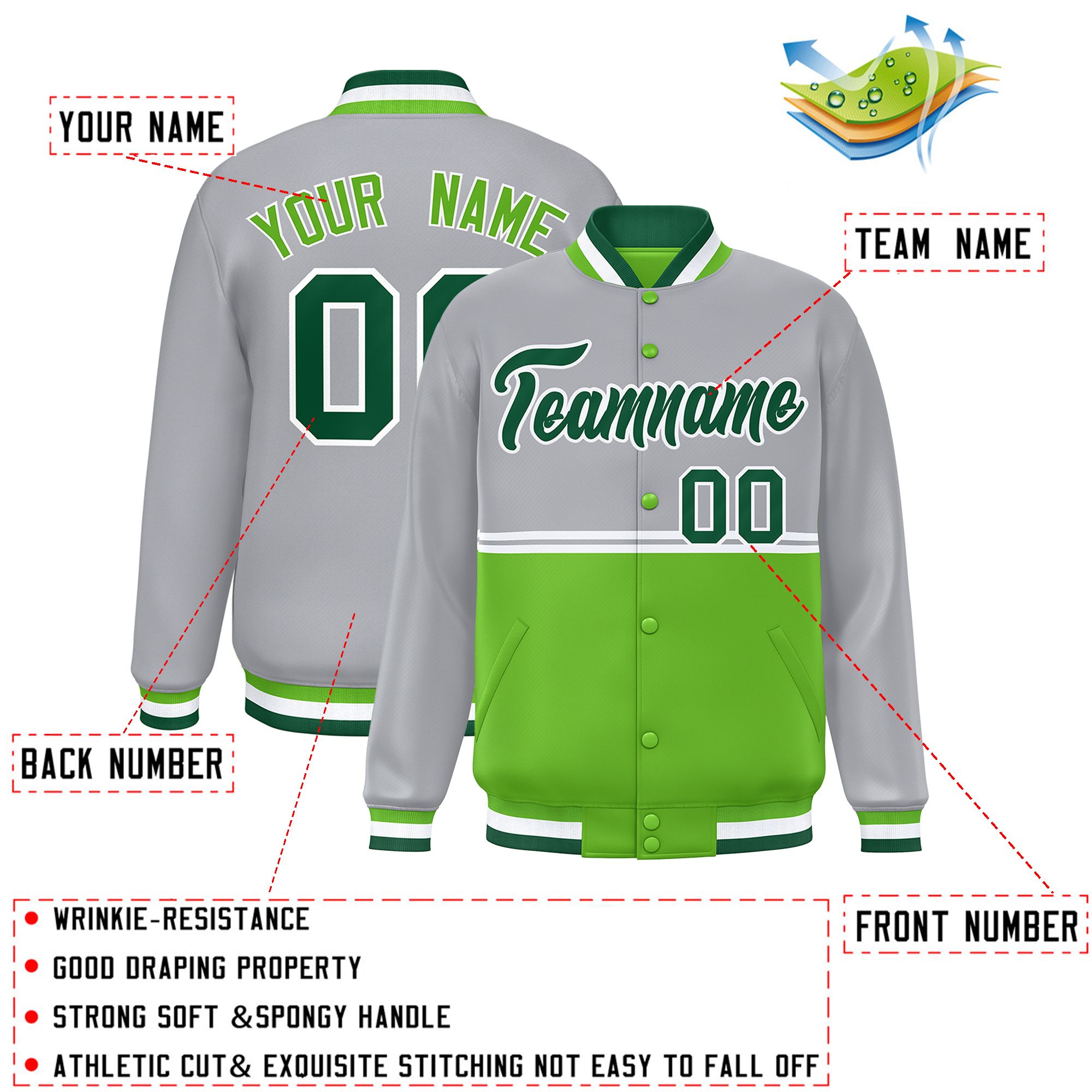 Custom Gray Green Varsity Full-Snap Color Block Letterman Jacket