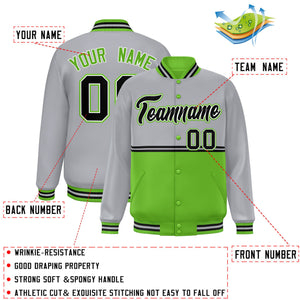 Custom Gray Green Varsity Full-Snap Color Block Letterman Jacket