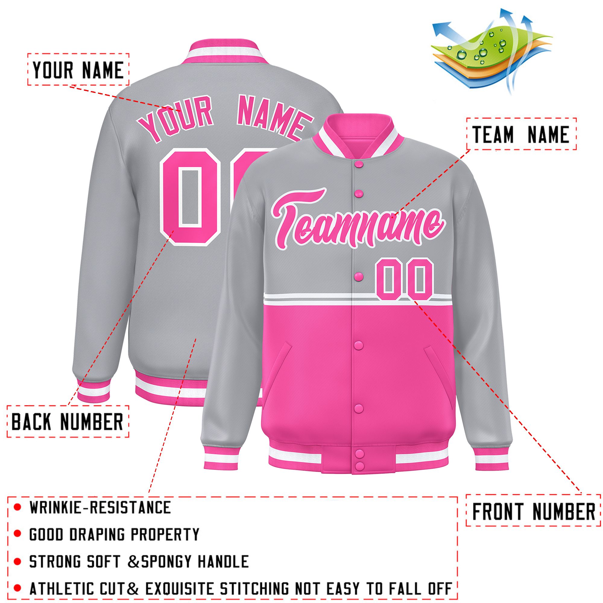 Custom Gray Pink Varsity Full-Snap Color Block Letterman Jacket