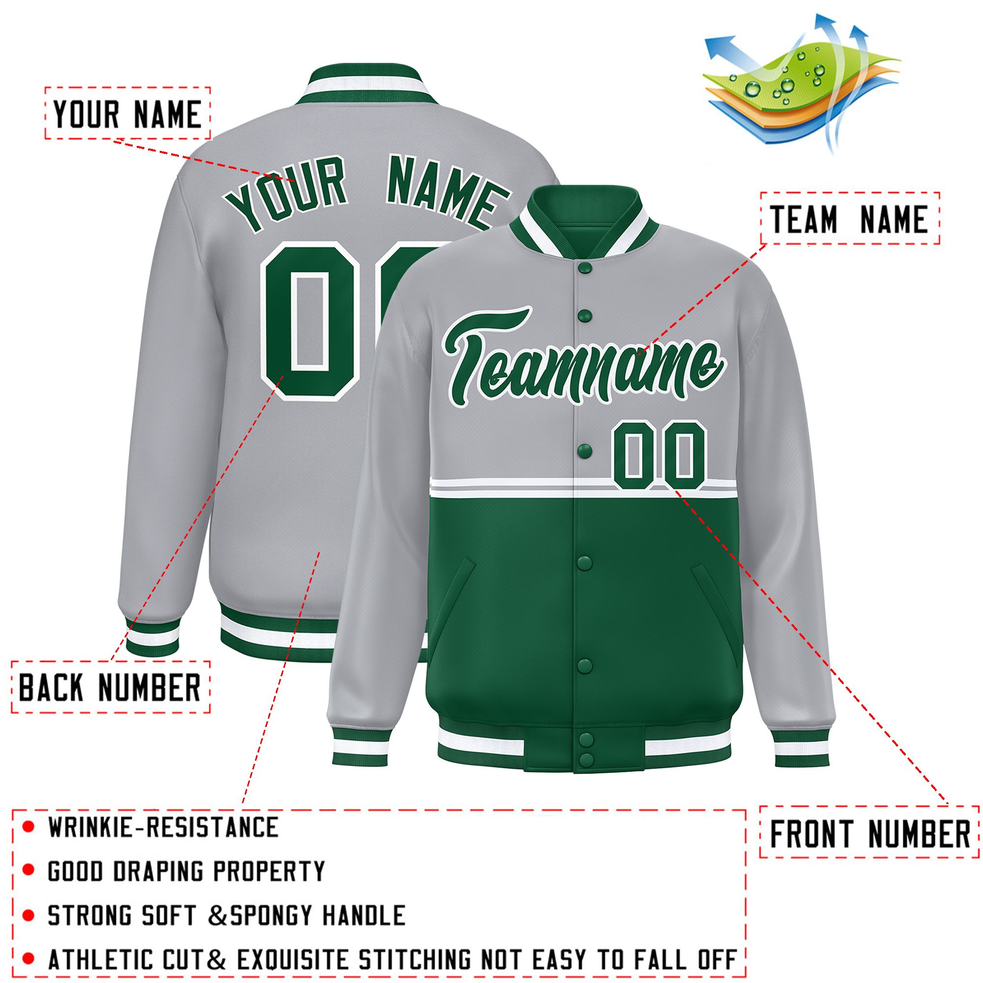 Custom Gray Green Varsity Full-Snap Color Block Letterman Jacket