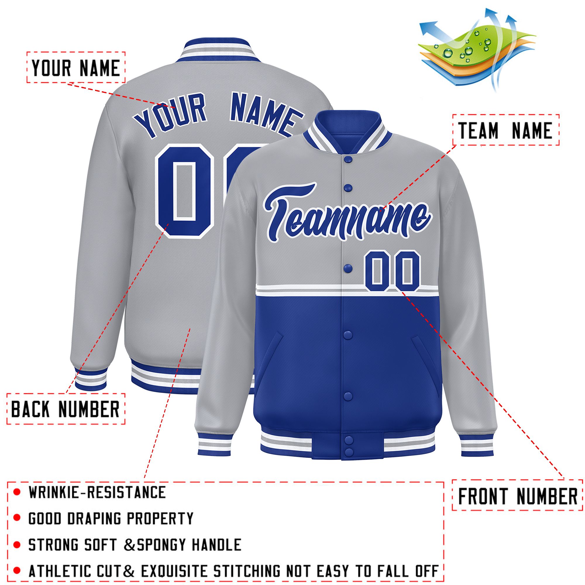 Custom Gray Royal Varsity Full-Snap Color Block Letterman Jacket