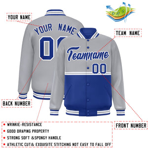 Custom Gray Royal Varsity Full-Snap Color Block Letterman Jacket