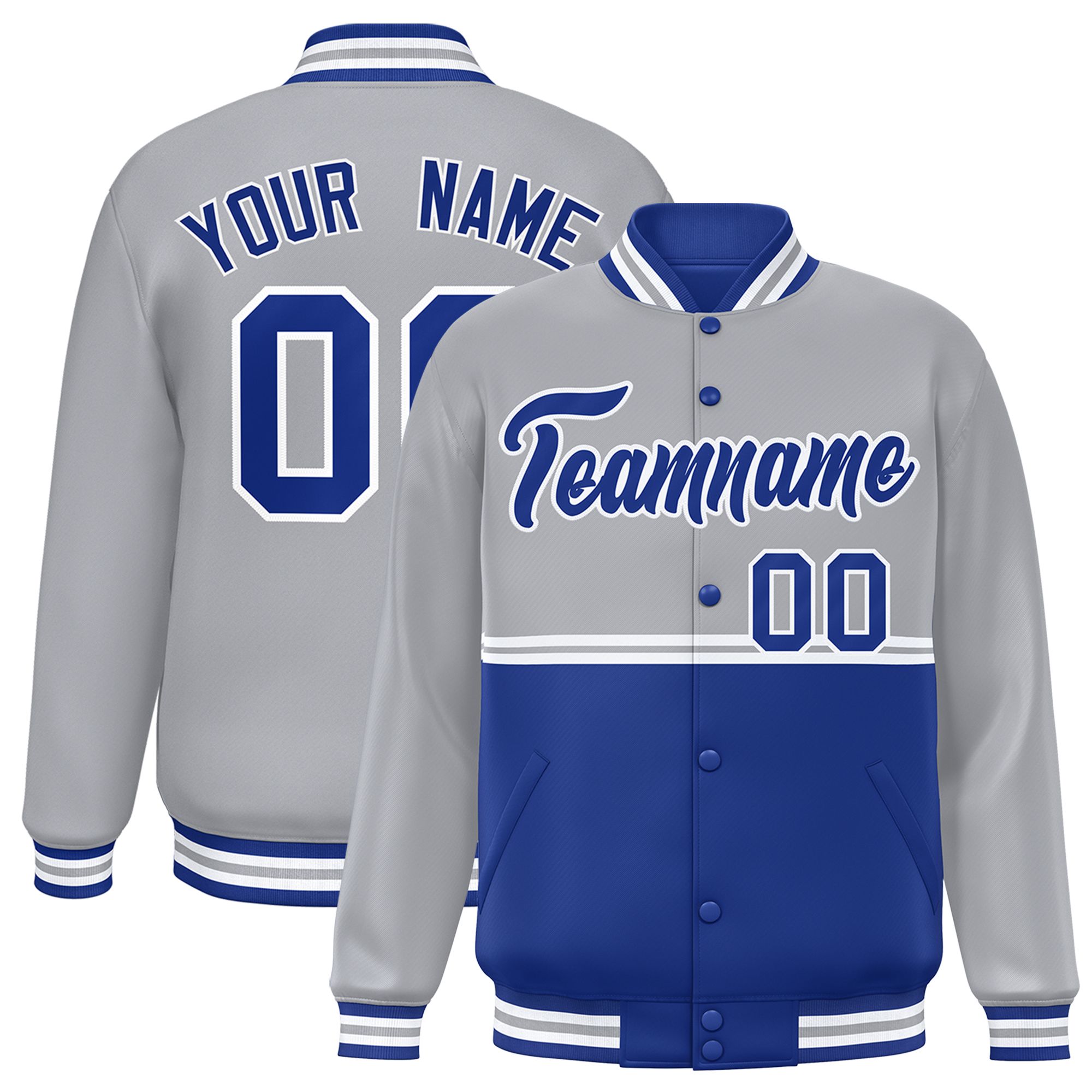 Custom Gray Royal Varsity Full-Snap Color Block Letterman Jacket