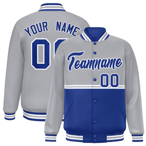 Custom Gray Royal Varsity Full-Snap Color Block Letterman Jacket