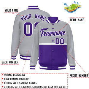 Custom Gray Purple Varsity Full-Snap Color Block Letterman Jacket