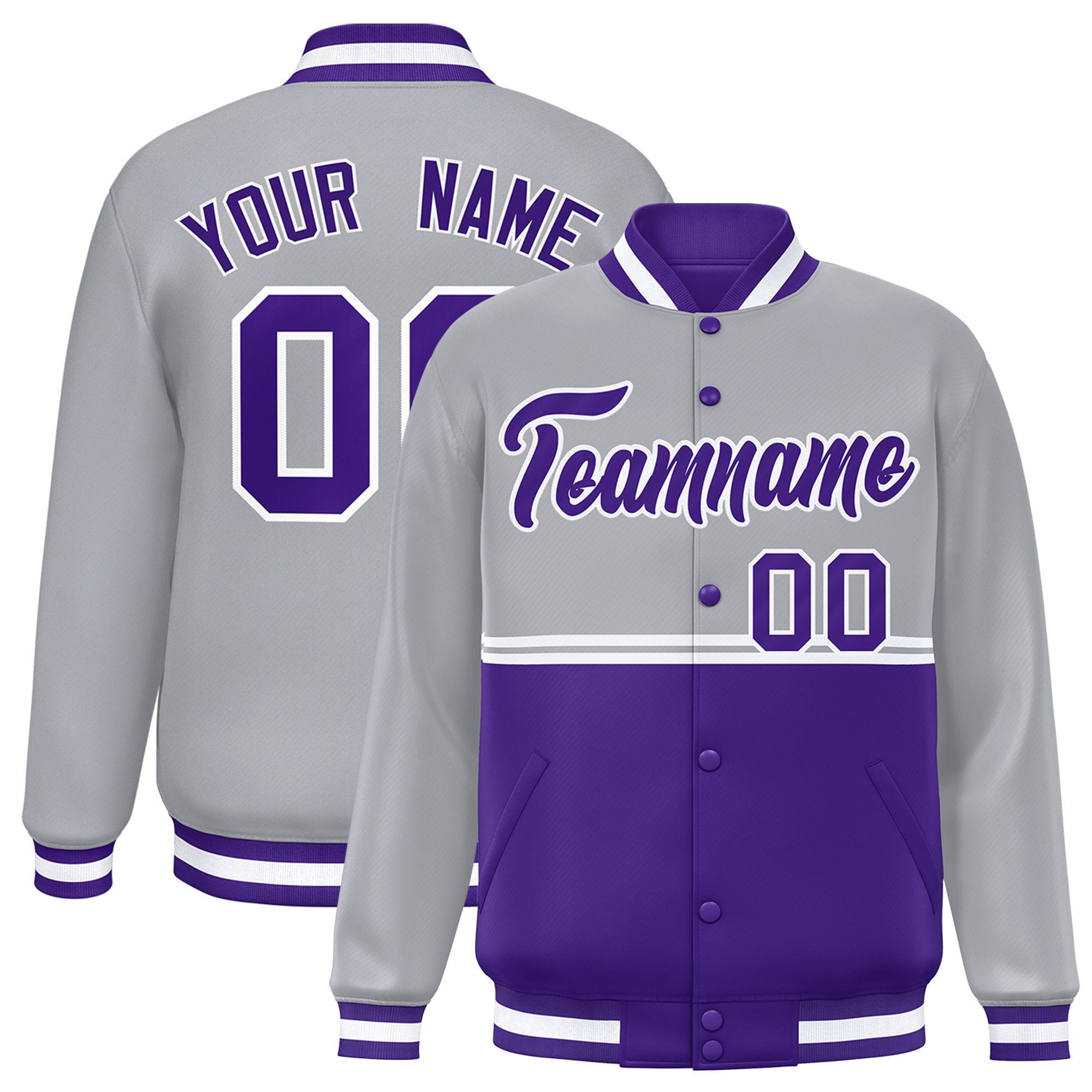 Custom Gray Purple Varsity Full-Snap Color Block Letterman Jacket