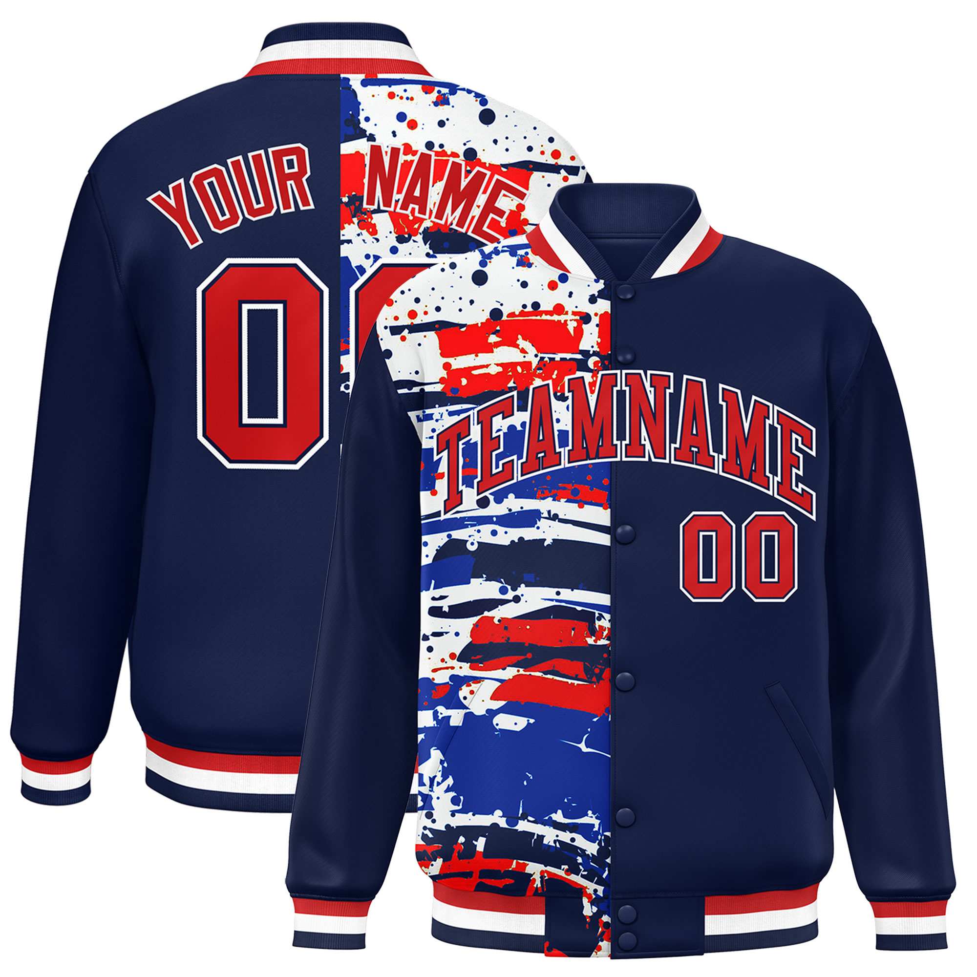 Custom Navy Navy Varsity Full-Snap Graffiti Pattern Letterman Baseball Jacket