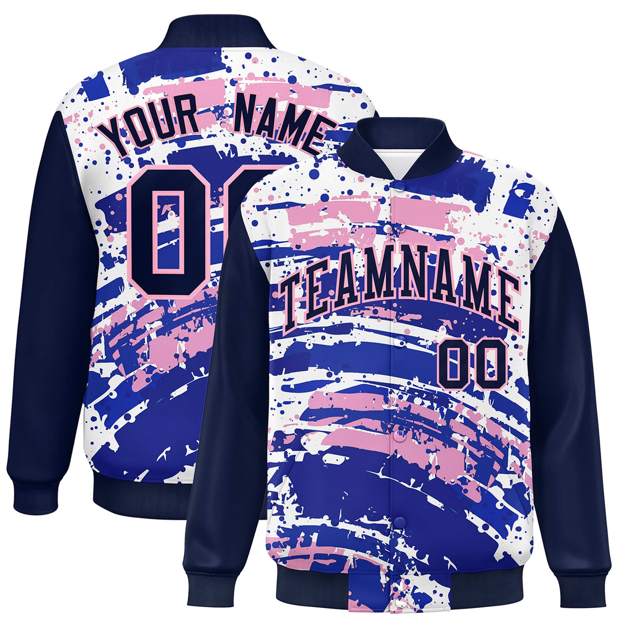 Custom Navy Varsity Full-Snap Graffiti Pattern Letterman Baseball Jacket