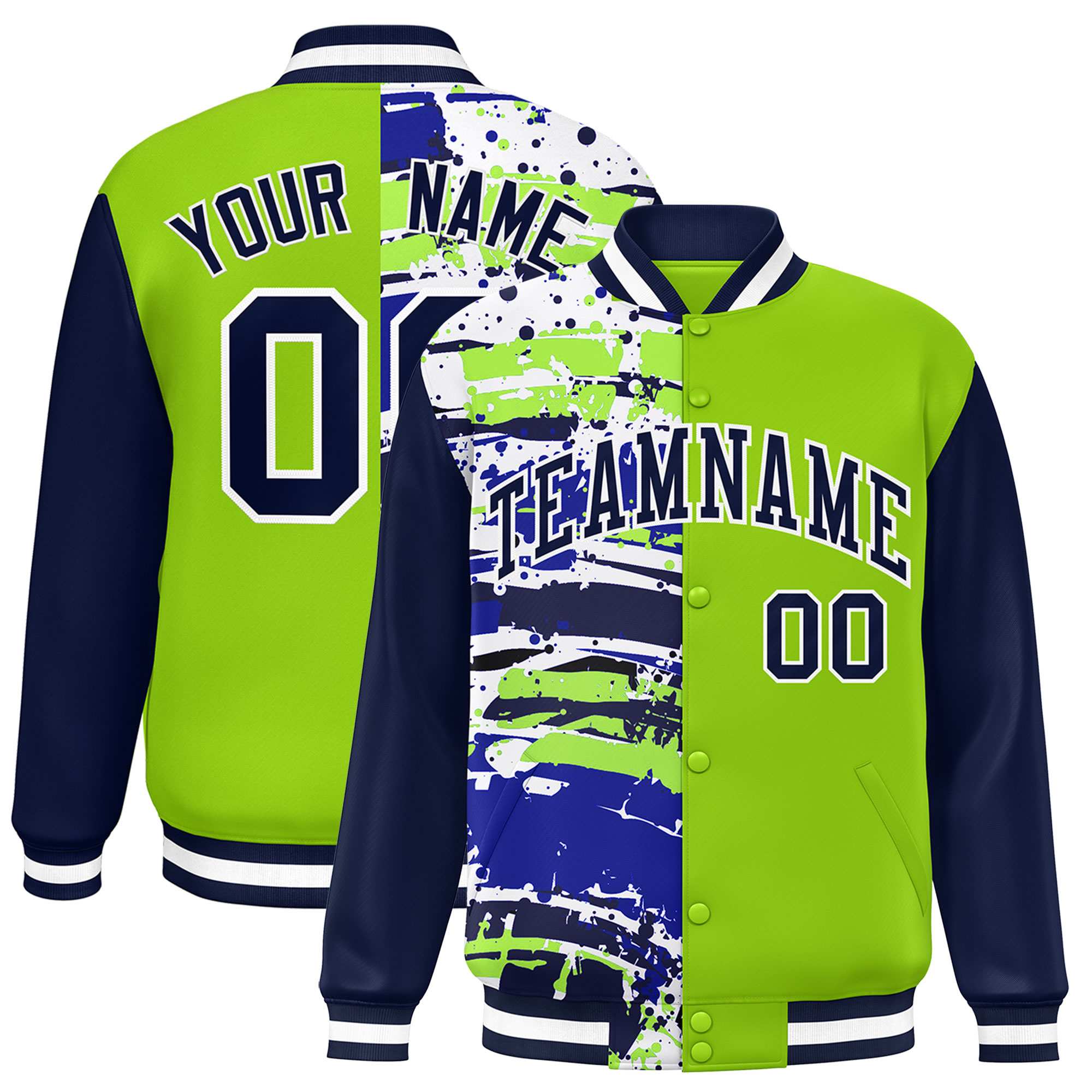 Custom Neon Green Navy Varsity Full-Snap Graffiti Pattern Letterman Baseball Jacket