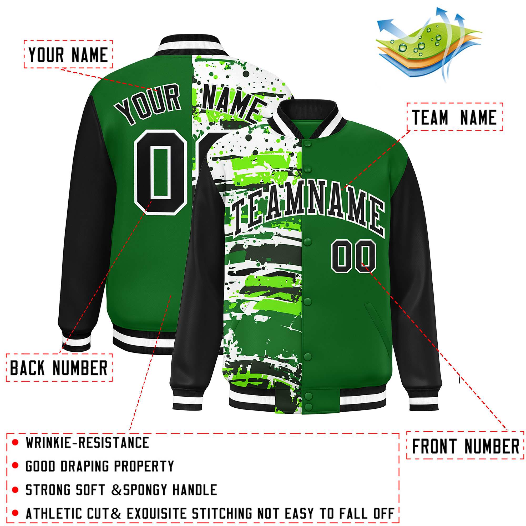 Custom Green Black Varsity Full-Snap Graffiti Pattern Letterman Baseball Jacket