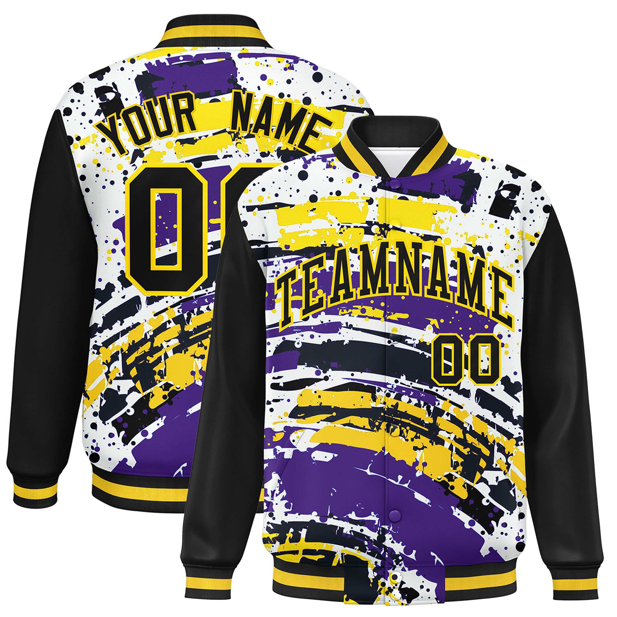 Custom Black Varsity Full-Snap Graffiti Pattern Letterman Baseball Jacket