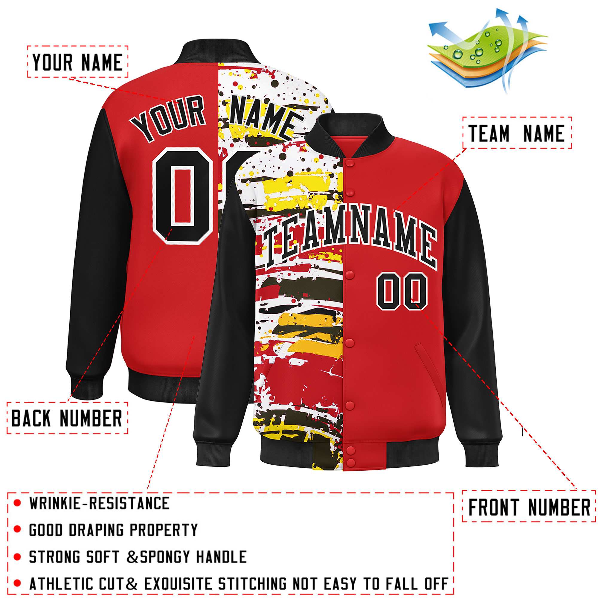 Custom Red Black Varsity Full-Snap Graffiti Pattern Letterman Baseball Jacket