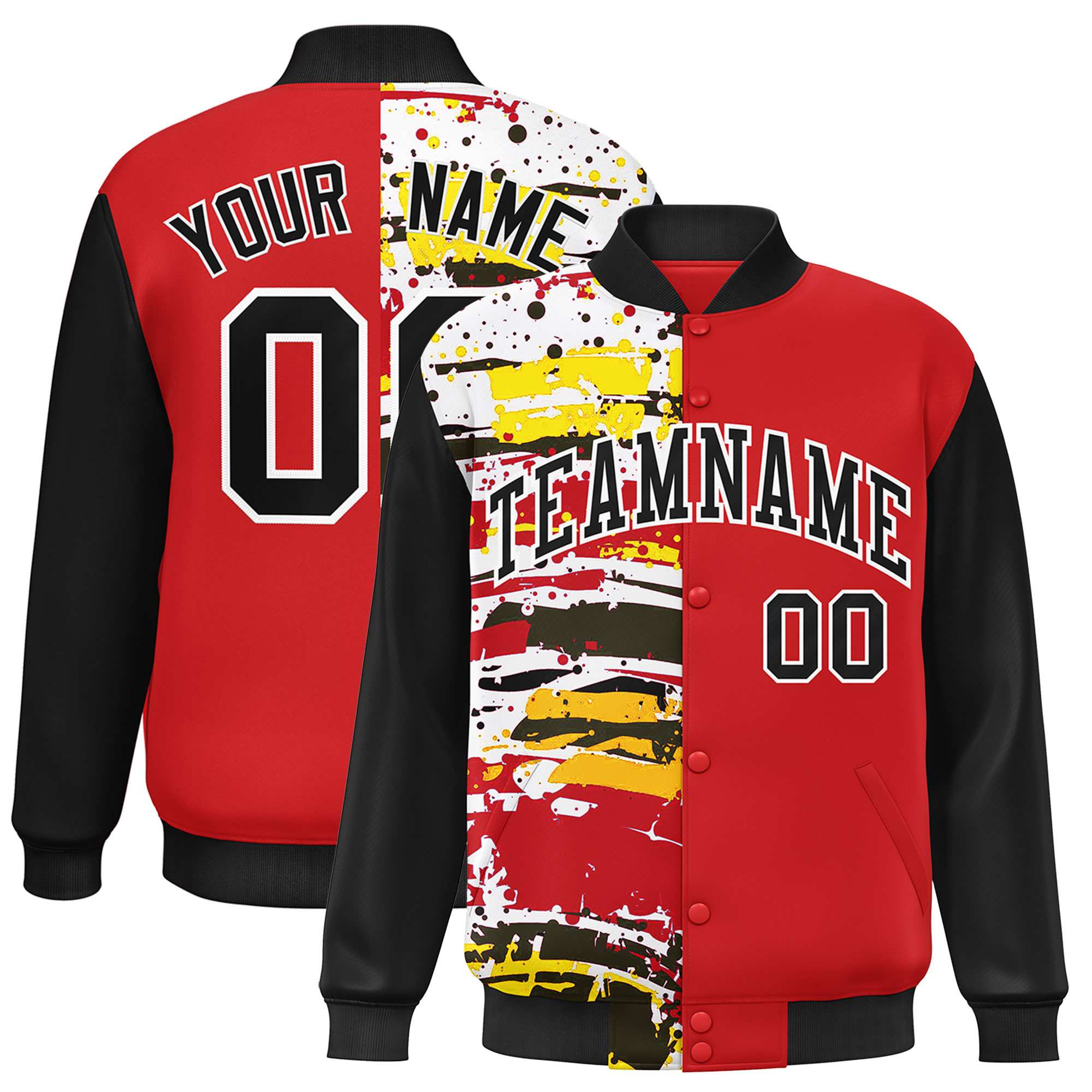 Custom Red Black Varsity Full-Snap Graffiti Pattern Letterman Baseball Jacket