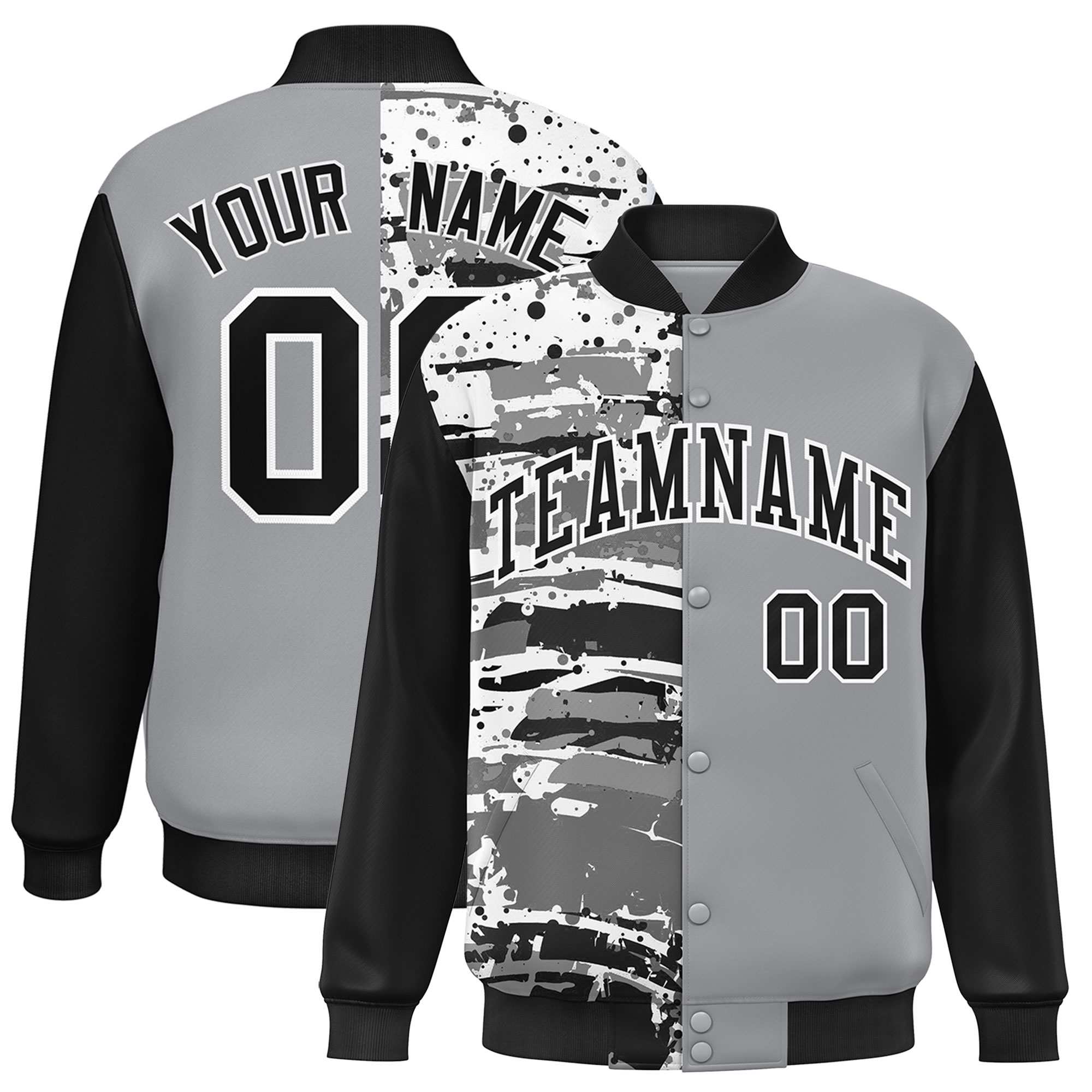 Custom Gray Black Varsity Full-Snap Graffiti Pattern Letterman Baseball Jacket