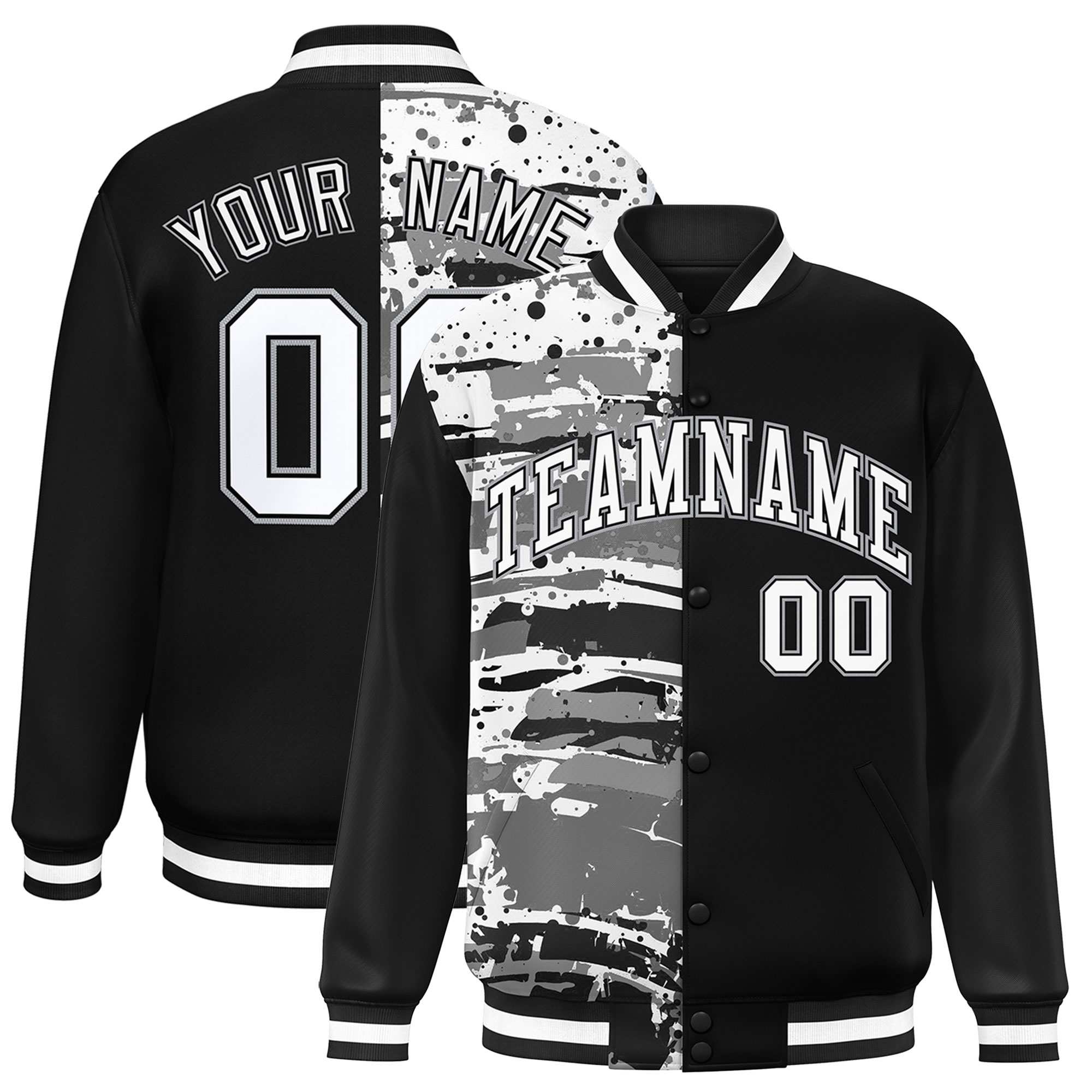 Custom Black Black Varsity Full-Snap Graffiti Pattern Letterman Baseball Jacket